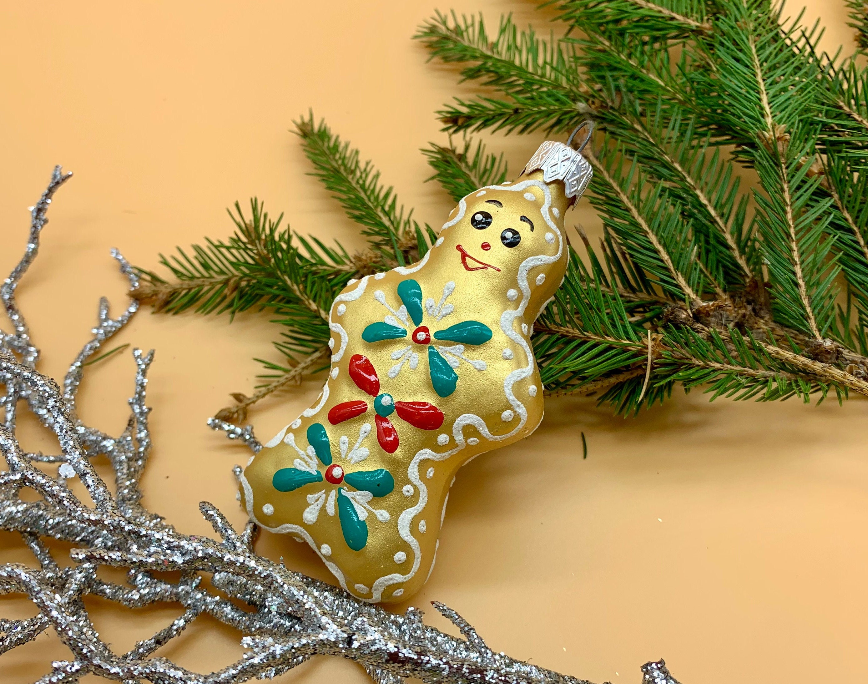 Gingerbread Man Glass Christmas ornaments, Traditional ornament, Vintage Aluminium Christmas Tree, Handmade Christmas ornament, Decor 2023