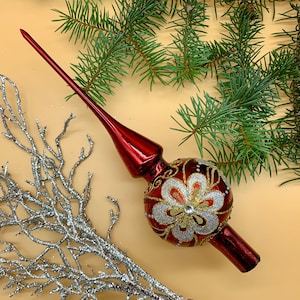 Red Christmas Glass tree topper, Elegant old style tree decor, Vintage Aluminium Christmas Tree, Authentic Vintage Ornaments, Tree Top 2023