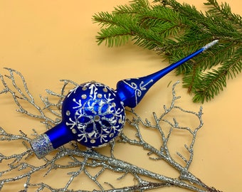 Blue Christmas glass tree topper with snowflake, Finial Top, Vintage Aluminium Christmas Tree, Unique Decor 1950s, Christmas ornament 2023