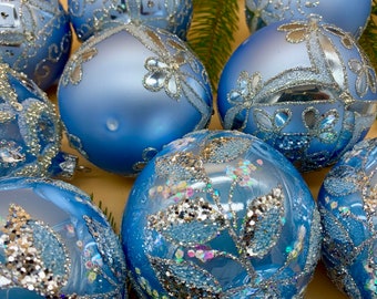 10 Blue Glass Christmas Ornaments – Handmade Vintage Tree Balls – Glitter Holiday Baubles Set – Elegant Winter Xmas Decor