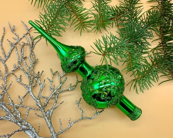 Small Green Christmas glass tree topper, Elegant old style decor, Christmas glass ornament, Aluminium Christmas tree, Christmas gift 2023