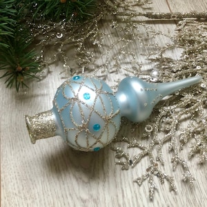 Small Blue Christmas glass tree topper, Christmas glass ornament, retro christmas ornaments, Aluminium christmas, vintage christmas 1950s