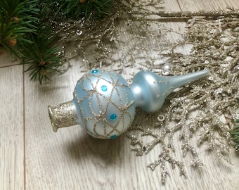 Small Blue Christmas glass tree topper, Christmas glass ornament, retro christmas ornaments, Aluminium christmas, vintage christmas 1950s