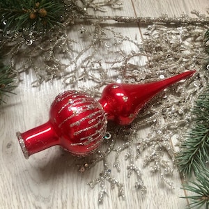 Small Red Christmas glass tree topper, Christmas glass ornaments, retro ornament, Aluminium christmas tree, vintage christmas decoration