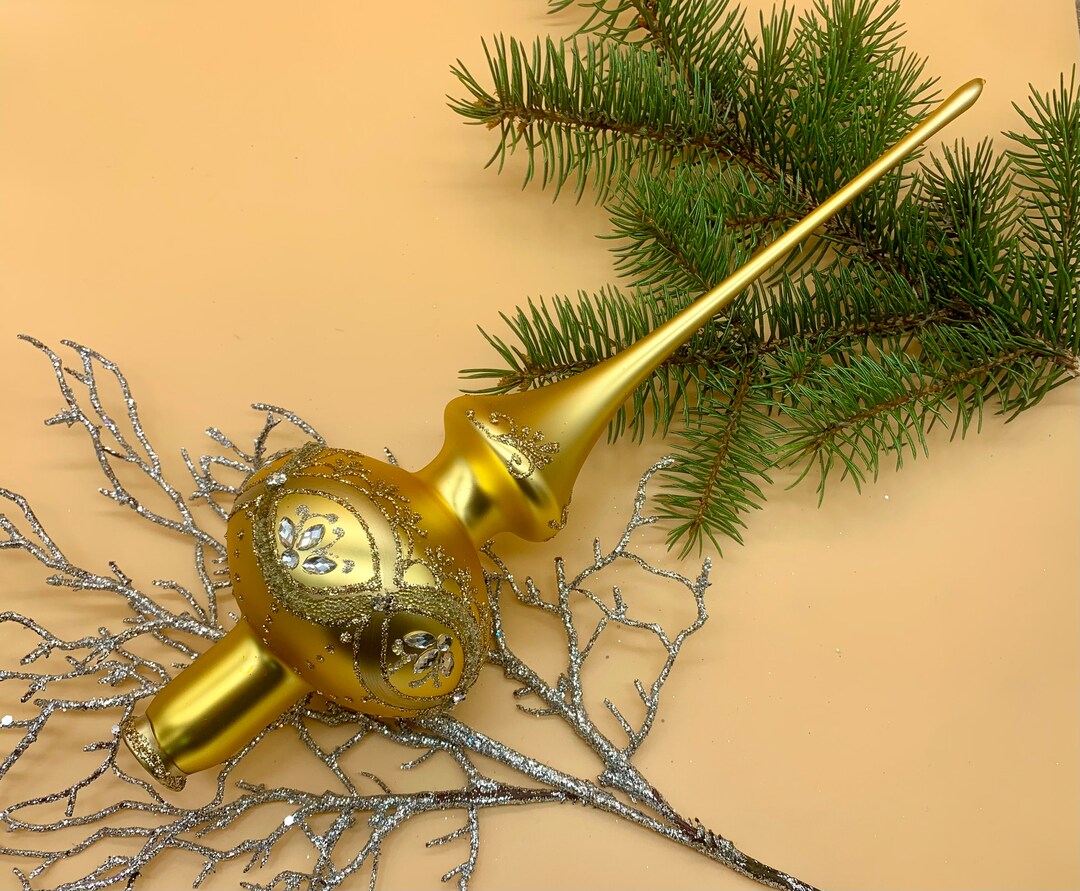 Gold Christmas Glass Tree Topper With Glitter, Glass Finial Top, Tree