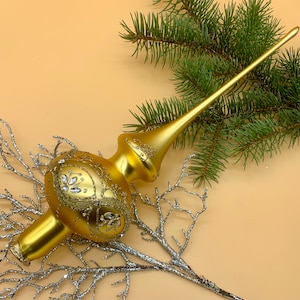 Gold Christmas glass tree topper with glitter, Glass Finial Top, Tree Decor, Xmas Tree ornament, Traditional Finial top, Christmas ornaments