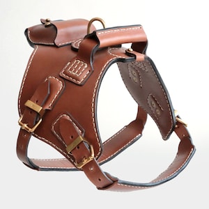 Handmade Cowhide Leather Dog Harness with Solid Brass Hardware, Poopbag Pocket and Airtag Holder