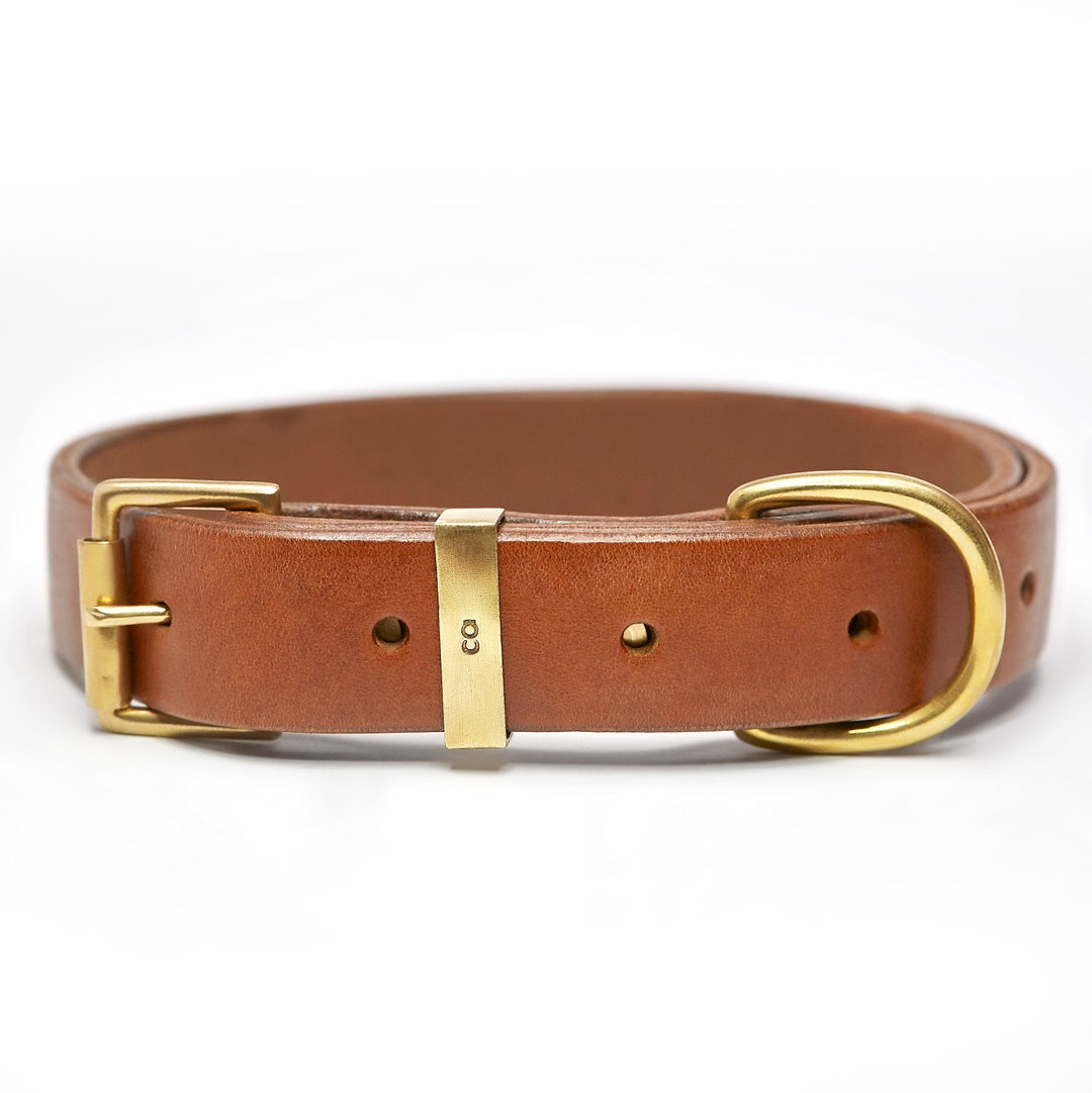 Personalized Leather Dog Collar With Brass Nametag, Custom Leather Dog