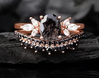 Alternative Bridal Ring Set — Ghotic Engagement Ring — Orion 2 PCS Wedding Rings — Black Rutilated Quartz