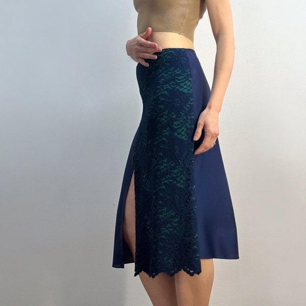 LIMITED EDITION SKIRT, Elegant Navy Blue tango skirt with front delicate lace detail, Silky lace skirt with front slit, Fit & flare skirt