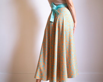 Tango skirt with asymmetric cut, Turquoise orange skirt in abstract print, Wrap midi skirt, Asymmetrical skirt with high waist tie belt