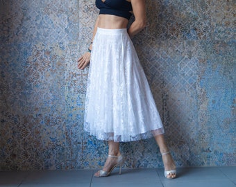 LIMITED EDITION SKIRT tango in white delicate lace with floral design, Summer romantic skirt, Elegant midi skirt for summer evening of tango