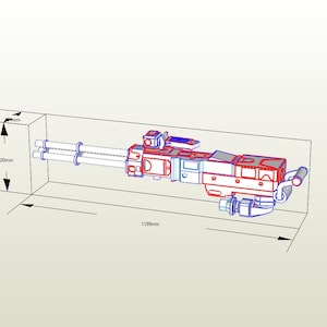 Op de afbeelding: Een rood en blauw 3D-model van een futuristisch wapen met drie vaten, een richtkijker en een handvat. Het wapen is 1183 mm lang en 320 mm hoog.
