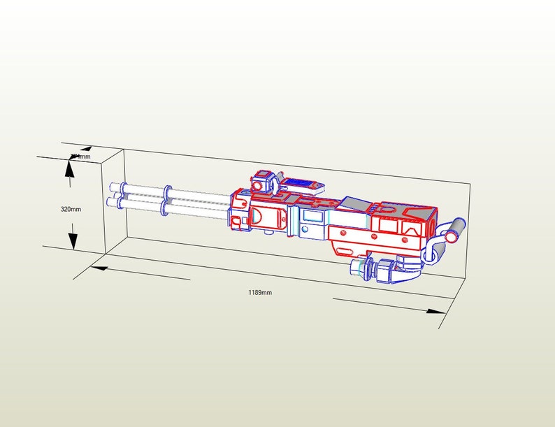Op de afbeelding: Een rood en blauw 3D-model van een futuristisch wapen met drie vaten, een richtkijker en een handvat. Het wapen is 1183 mm lang en 320 mm hoog.