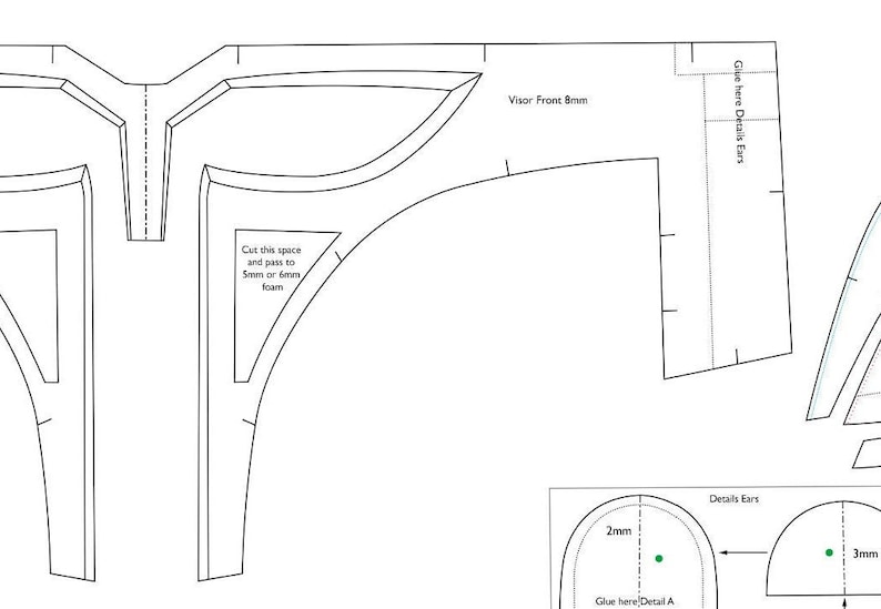 Może przedstawiać: Czarno-biały szablon rysunkowy do kasku z instrukcjami cięcia i klejenia element&oacute;w. Szablon zawiera wizjer, detale uszu i miejsce na piankę. Tekst "Wytnij ten obszar i przeł&oacute;ż do pianki 5 mm lub 6 mm" jest zawarty w obrazie.