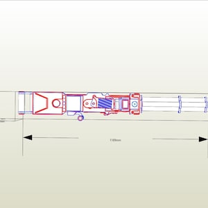 Op de afbeelding: Een gedetailleerd diagram van een wapen met meerdere vaten, 30 cm lang en 3 cm breed. Het wapen is gemaakt van metaal en heeft een complex ontwerp met meerdere onderdelen.