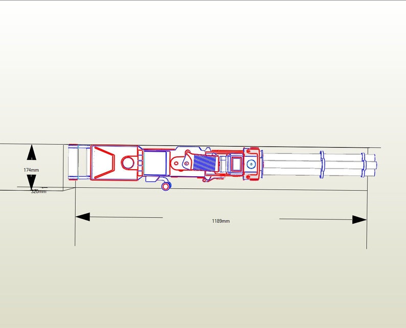 Op de afbeelding: Een gedetailleerd diagram van een wapen met meerdere vaten, 30 cm lang en 3 cm breed. Het wapen is gemaakt van metaal en heeft een complex ontwerp met meerdere onderdelen.