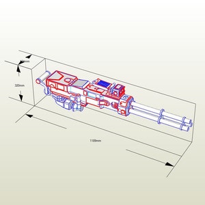 Op de afbeelding: Een rood en wit 3D-model van een futuristisch wapen met drie vaten. Het wapen is 1189 mm lang en 320 mm hoog.