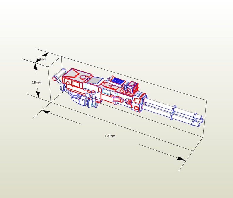 Op de afbeelding: Een rood en wit 3D-model van een futuristisch wapen met drie vaten. Het wapen is 1189 mm lang en 320 mm hoog.