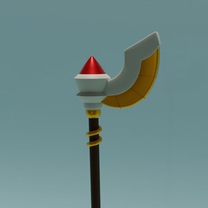 May include: A white and gold scepter with a red and white pointed top. The scepter has a gold band and a gold spiral design.