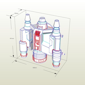 May include: A white 3D model of a spaceship with a red and blue design. The spaceship is 450mm wide, 441mm tall, and 193mm deep.