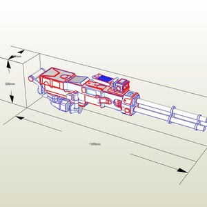 Op de afbeelding: Een gedetailleerd 3D-model van een futuristisch wapen met een rood-wit kleurenschema. Het wapen is 1189 mm lang en 320 mm hoog. Het heeft een complex ontwerp met meerdere vaten en verschillende aanhangsels.