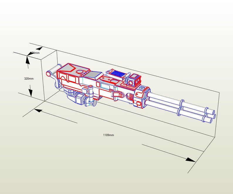 Op de afbeelding: Een gedetailleerd 3D-model van een futuristisch wapen met een rood-wit kleurenschema. Het wapen is 1189 mm lang en 320 mm hoog. Het heeft een complex ontwerp met meerdere vaten en verschillende aanhangsels.