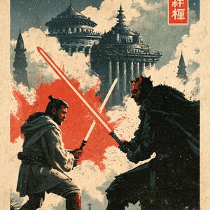 Peut inclure: Une impression d'art stylis&eacute;e repr&eacute;sentant un duel entre deux personnages avec des sabres laser lumineux. L'un porte des robes claires, l'autre une armure sombre avec des cornes. Le fond montre une grande lune, des nuages et des tours. Des &eacute;claboussures d'encre rouge et du texte japonais sont visibles.