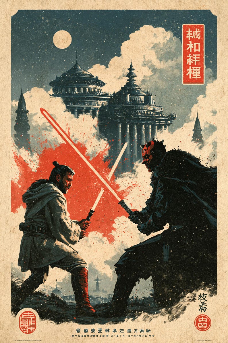 Peut inclure: Une impression d'art stylis&eacute;e repr&eacute;sentant un duel entre deux personnages avec des sabres laser lumineux. L'un porte des robes claires, l'autre une armure sombre avec des cornes. Le fond montre une grande lune, des nuages et des tours. Des &eacute;claboussures d'encre rouge et du texte japonais sont visibles.