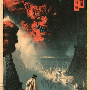 Peut inclure: Une impression de style vintage repr&eacute;sentant une silhouette en robe claire tenant un sabre laser bleu brillant. Au-dessus, un immense d&eacute;mon rouge &agrave; cornes surplombe un complexe de temple traditionnel avec des escaliers et des foules. Texte japonais.