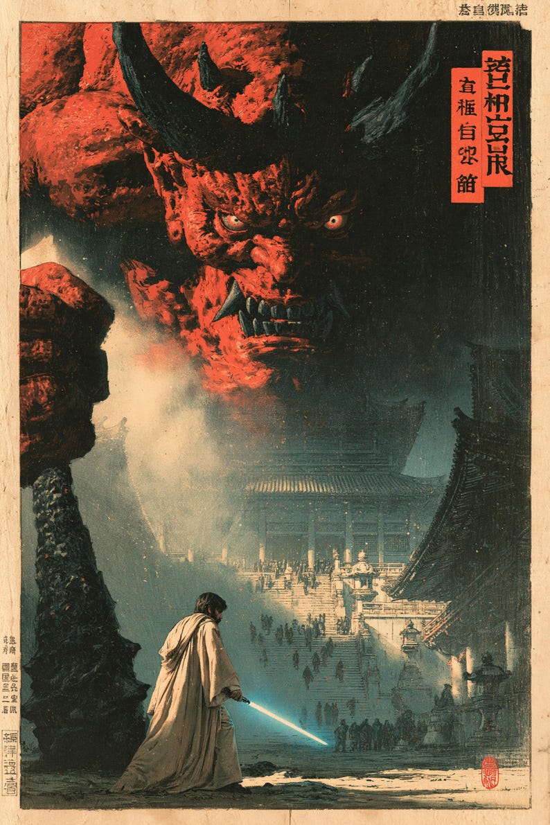 Peut inclure: Une impression de style vintage repr&eacute;sentant une silhouette en robe claire tenant un sabre laser bleu brillant. Au-dessus, un immense d&eacute;mon rouge &agrave; cornes surplombe un complexe de temple traditionnel avec des escaliers et des foules. Texte japonais.