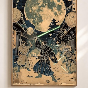Peut inclure: Une affiche murale rectangulaire repr&eacute;sentant une illustration stylis&eacute;e de personnages en v&ecirc;tements traditionnels en duel avec des &eacute;p&eacute;es lumineuses vertes. La sc&egrave;ne se d&eacute;roule de nuit sous une grande pleine lune, avec des lanternes en papier.