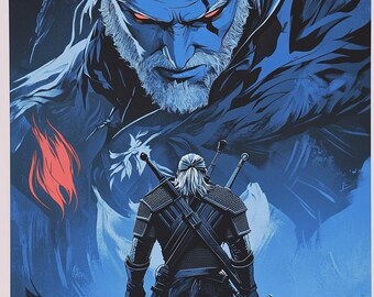 Może przedstawiać: Pionowy plakat The Witcher 3 z dużą, niebieską ilustracją brodatej postaci ze świecącymi czerwonymi oczami, górującą nad mniejszą, opancerzoną postacią widzianą od tyłu, niosącą dwa miecze na plecach w ciemnoniebieskiej scenerii.
