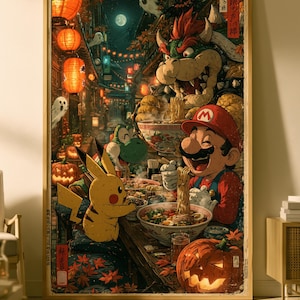 Peut inclure: Une affiche verticale encadrée représentant une illustration détaillée et colorée de Mario, Pikachu, Yoshi et Bowser mangeant des ramen à une table dans une rue décorée de lanternes orange, de fantômes et de citrouilles d'Halloween.