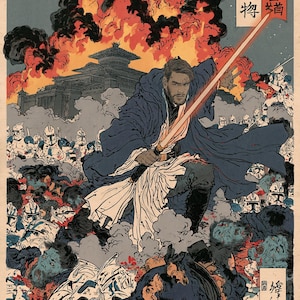 Peut inclure: Une illustration stylis&eacute;e repr&eacute;sentant un personnage barbu en robe bleu fonc&eacute; maniant un sabre laser orange brillant au milieu d'un champ de bataille chaotique. La sc&egrave;ne montre de nombreux soldats en armure blanche, un b&acirc;timent en feu et du texte japonais.