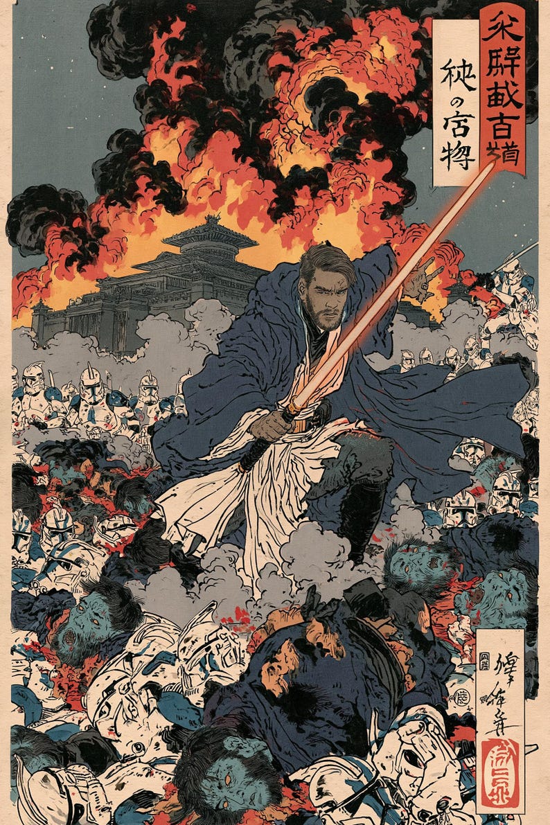 Peut inclure: Une illustration stylis&eacute;e repr&eacute;sentant un personnage barbu en robe bleu fonc&eacute; maniant un sabre laser orange brillant au milieu d'un champ de bataille chaotique. La sc&egrave;ne montre de nombreux soldats en armure blanche, un b&acirc;timent en feu et du texte japonais.