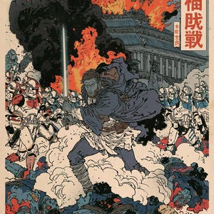 Peut inclure: Une impression d'art stylis&eacute;e repr&eacute;sentant une silhouette barbue v&ecirc;tue d'une cape bleu fonc&eacute; brandissant une &eacute;p&eacute;e bleu clair lumineuse sur un champ de bataille. La sc&egrave;ne montre des soldats en armure blanche, de la fum&eacute;e noire et du texte japonais.