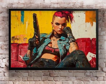 May include: A woman with pink hair and a blue denim jacket is holding a gun. She is sitting on a red couch with a yellow wall behind her. The woman is wearing a black and red sports bra with the word "BOSTA" written on it.