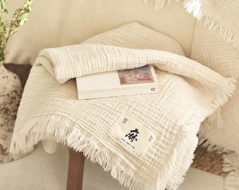 Natural Cotton Linen Waffle Throw Blanket, Soft Breathable Sofa Throw, Beige Farmhouse Decor, Size 120x150CM