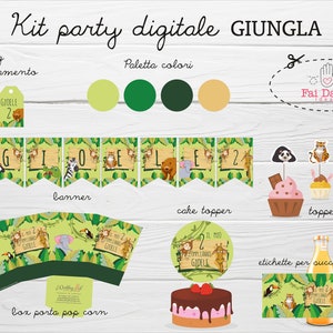 DIGITAL KIT PARTY giungla - compleanno - stampabile - digitale - personalizzato - fai da te - Pop Corn box, Tags, Bottle Labels, Banner