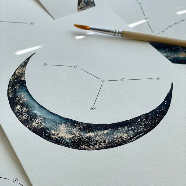 Hand Painted Star Sign Horoscope Print - Personalised Watercolour Blue and Gold Moon / Personalised Valentines Gift / Personalised Painting