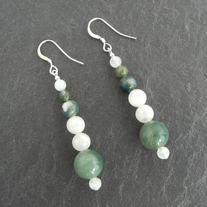 Rainbow Moonstone, Moss Agate & Sterling Silver Earrings