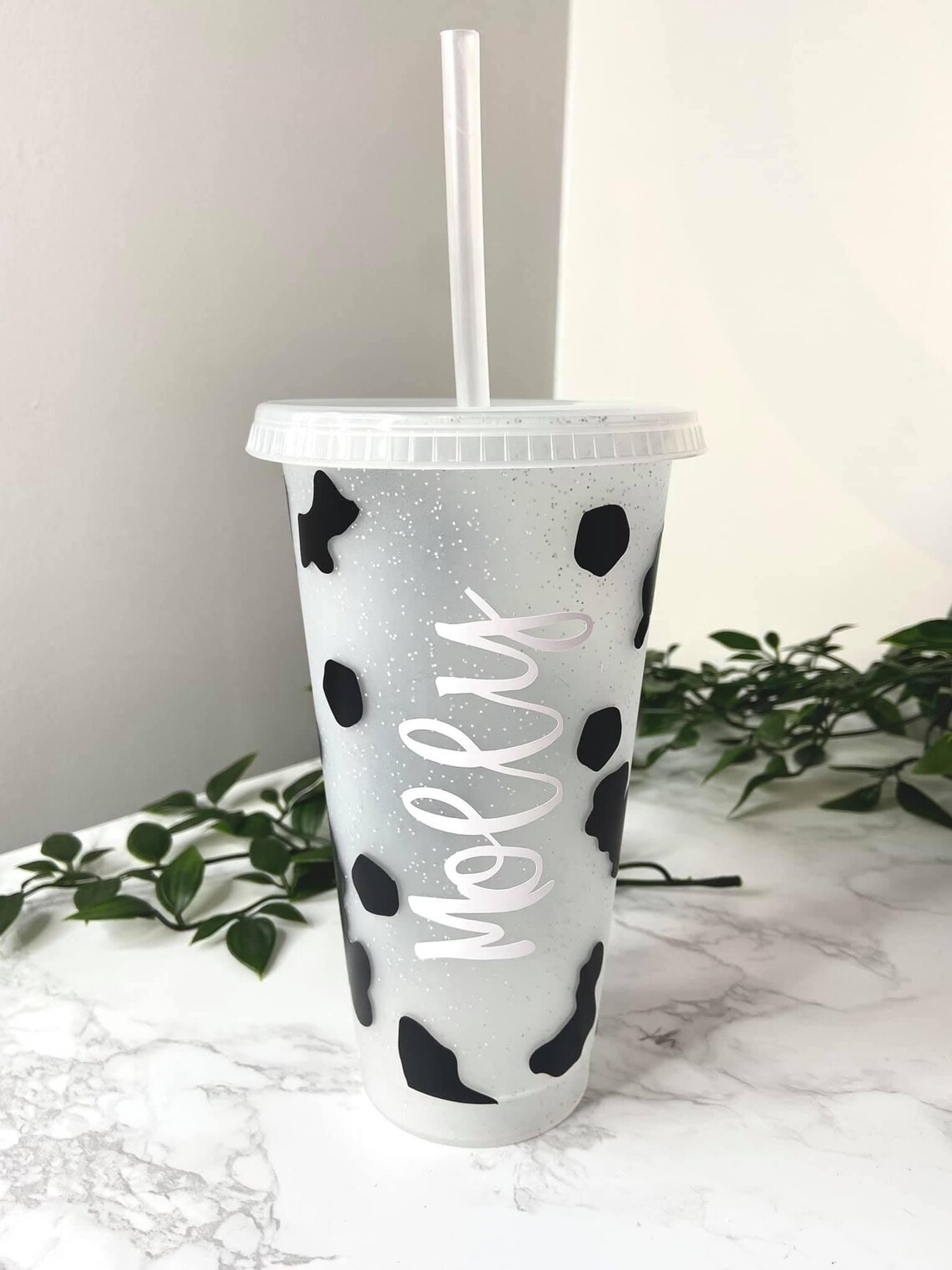 Personalised cow print cold cup with straw and lid. Etsy