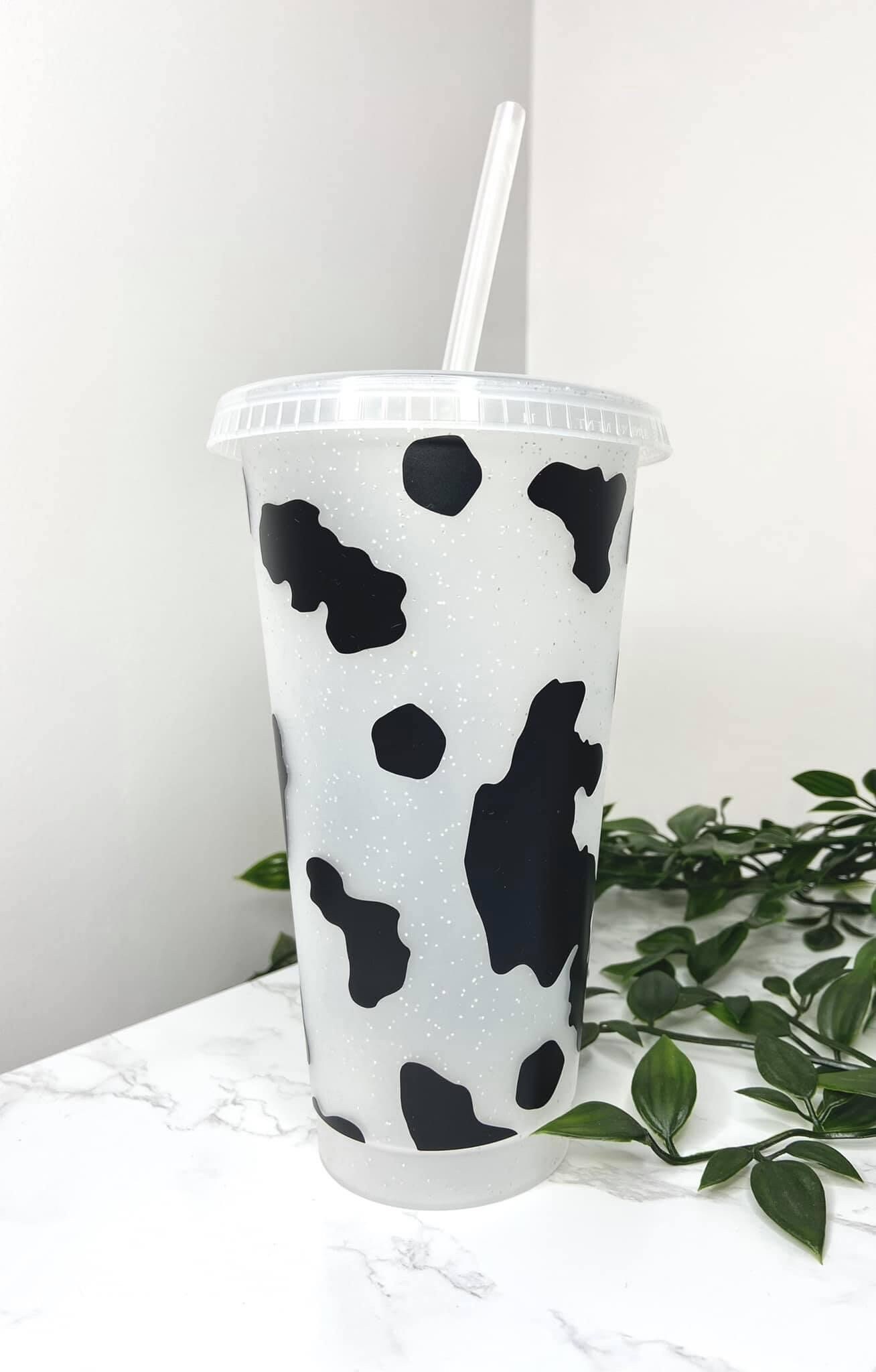 Personalised cow print cold cup with straw and lid. Etsy