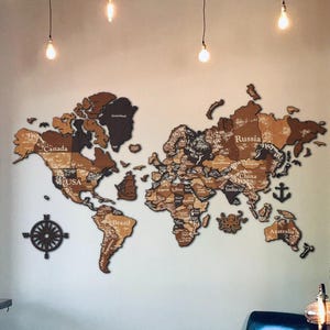 Très grande carte du monde, cartes du monde en bois 3D, carte de voyage en famille avec punaises, carte du monde 3D en bois, punaises de carte du monde en bois