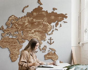 Wooden World Map Wall Art, Extra Large World Map With Borders, Countries, Capitals Engraved, World Travel Map With Push Pins