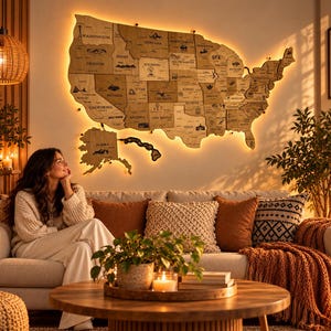 May include: A large, wall-mounted wooden map of the United States featuring engraved state names and icons, illuminated by a warm LED backlight. The map includes separate wooden cutouts for Alaska and Hawaii, mounted on a light-colored wall.