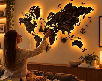 3D LED Wooden World Map, Engraved Countries, Neon Wall Art