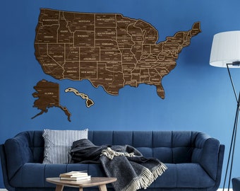 Wooden US Map In Light Walnut Color, Map Of the United States, Travel Road Map, Wooden Wall Art, Gift Ideas For Boss, Office Wall Art Decor