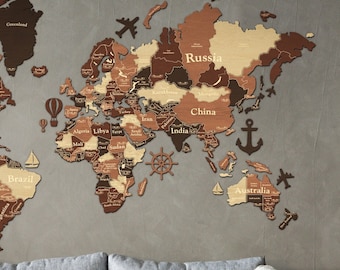 3D Large Family Travel Map, Rustic Push Pin Map, Wood World Map, 3D Map To Mark Trips With Wooden Markers, Wood World Map Decal